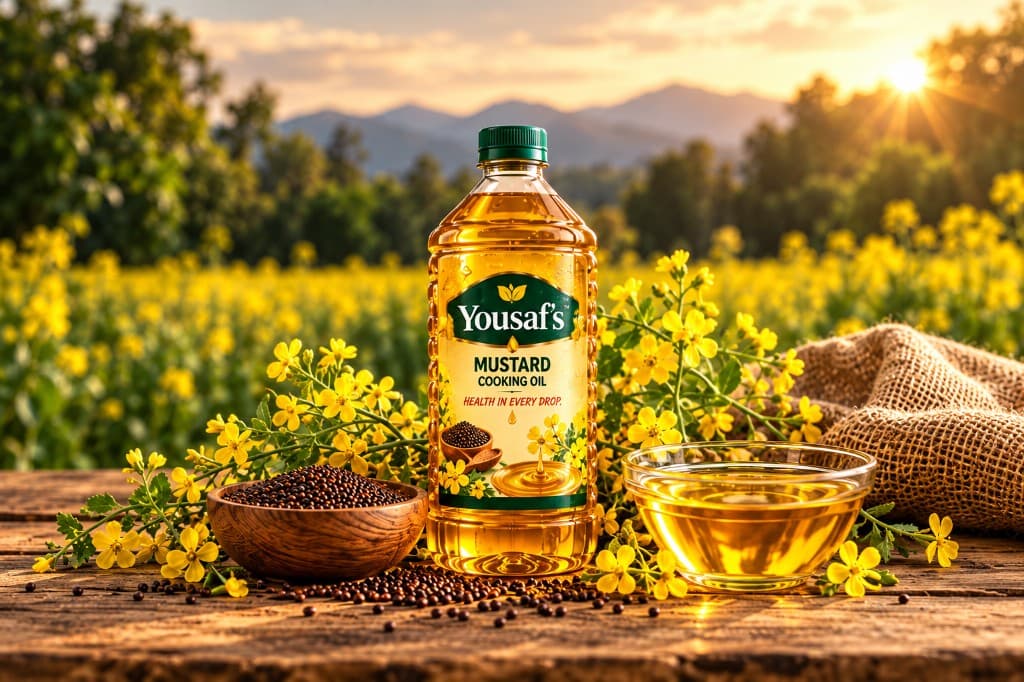 Yousaf's Mustard Cooking Oil in a mustard field