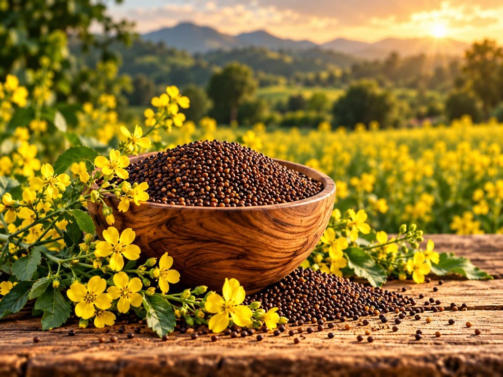 Mustard seeds in a wooden bowl with mustard flowers